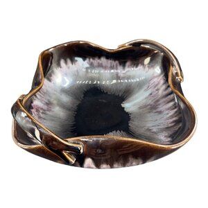 1960s Ceramic Porcelain Dish Bowl W Handles Dark Brown White Drip Glaze Vintage